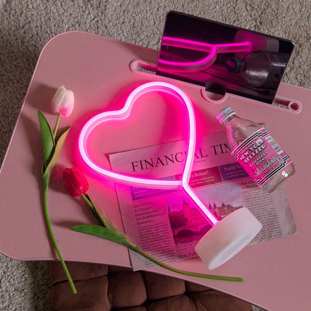 GUOCHENG Lovely Pink Heart Neon Sign LED Pedestal Neon Lamp Nightlight Decorative Love Heart Neon Marquee Sign for Festival Wedding Christmas Children Bedroom