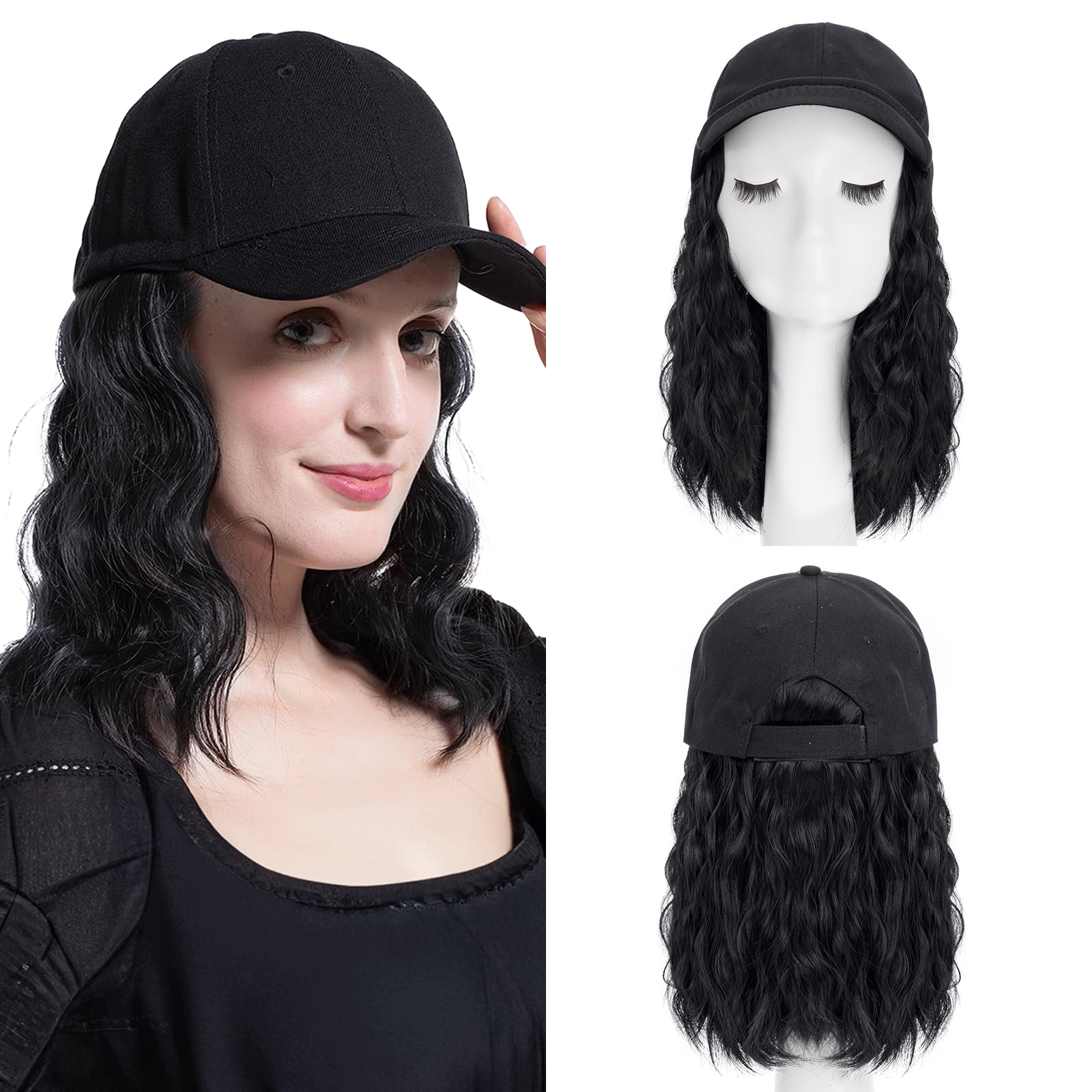 8 Inch Baseball Cap With Hair Extensions BOB Synthetic Hair With Attached Black Hat With One Piece Hair Extensions For Women - Dark Black — image 1