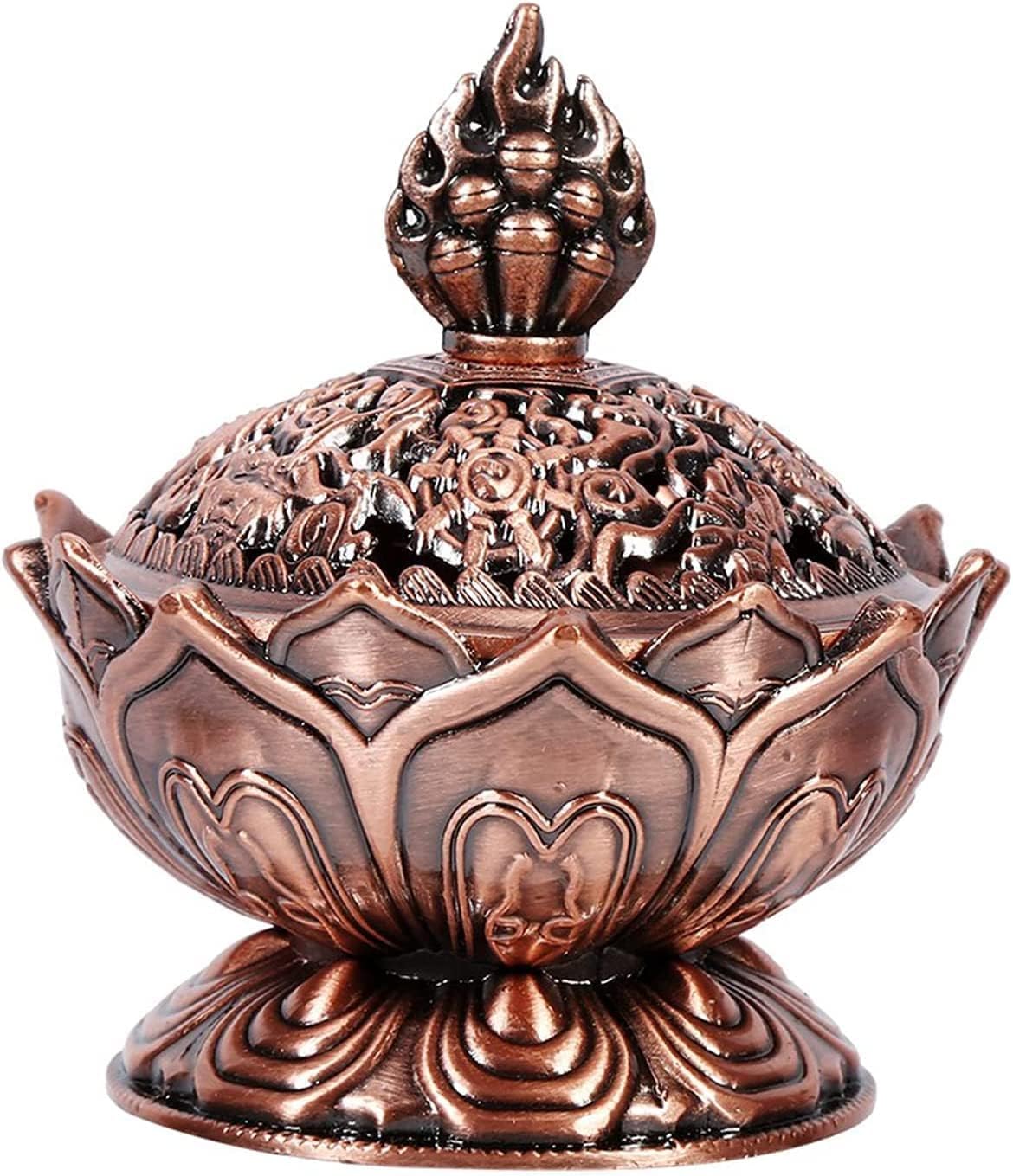 Incense Burner,Traditional Asia Buddhistic Guanyin Lotus Shape Alloy Electrophoresis Backflow Smoke Censer Stick Cone Holder Home Crafts Decorative Ornaments(Red Bronze)