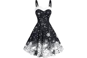 NARHBRG Womens Christmas Camisole Dresses Snowflake Print Furry Trim Dress Mrs Santa Claus Holiday Cocktail Party Swing Dress
