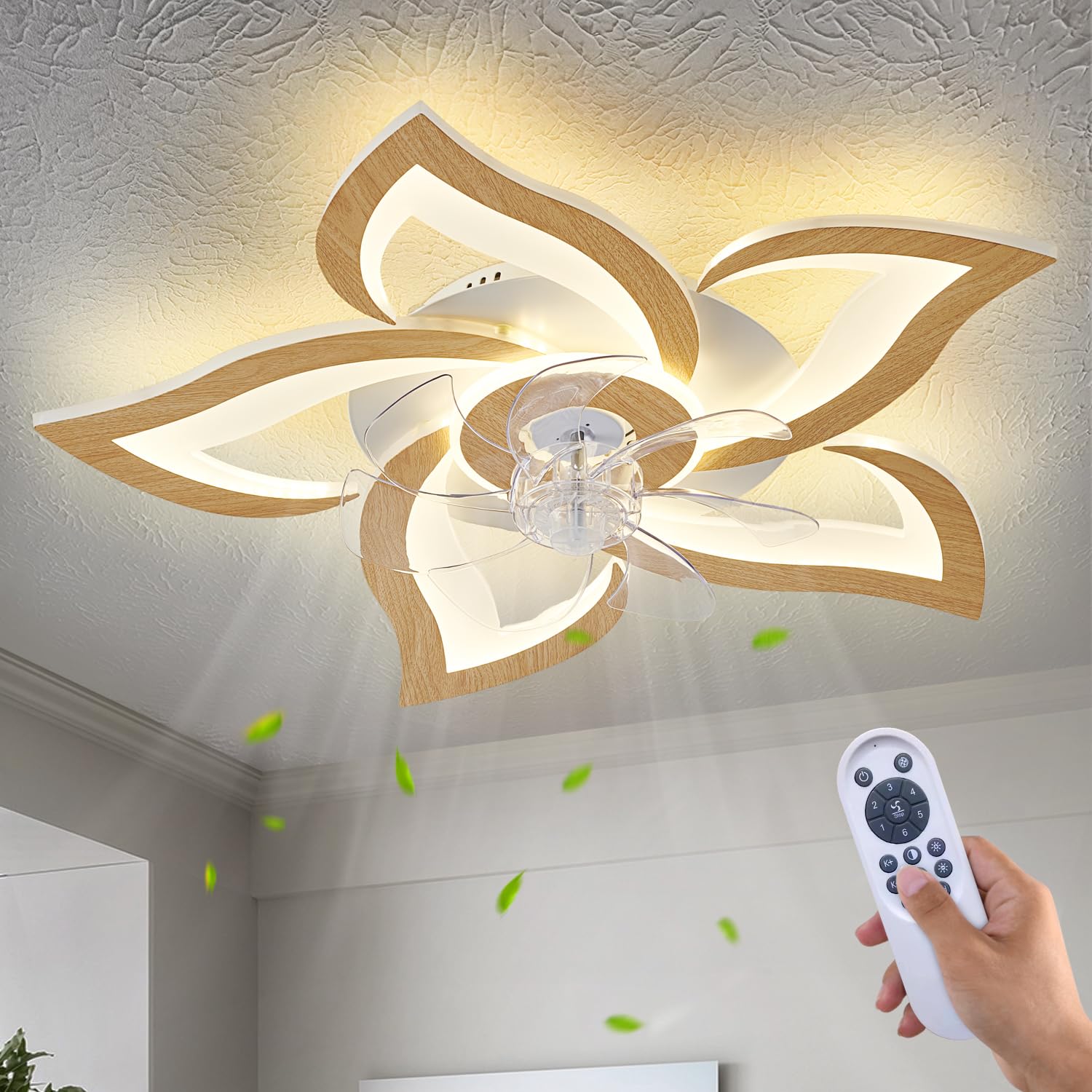 Photo 1 of Dalouguan 24" Wooden Geometric Ceiling Fan with Lights Remote Control, 3 Light Color 6 Speeds Low Profile Flush Mount Ceiling Fan for Kitchen Bedroom Living Room