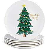 Swuut Christmas Tree Salad Plates - Set of 6, 8-inch Bone China - Dishwasher & Microwave Safe Holiday Dessert/Appetizer Plate