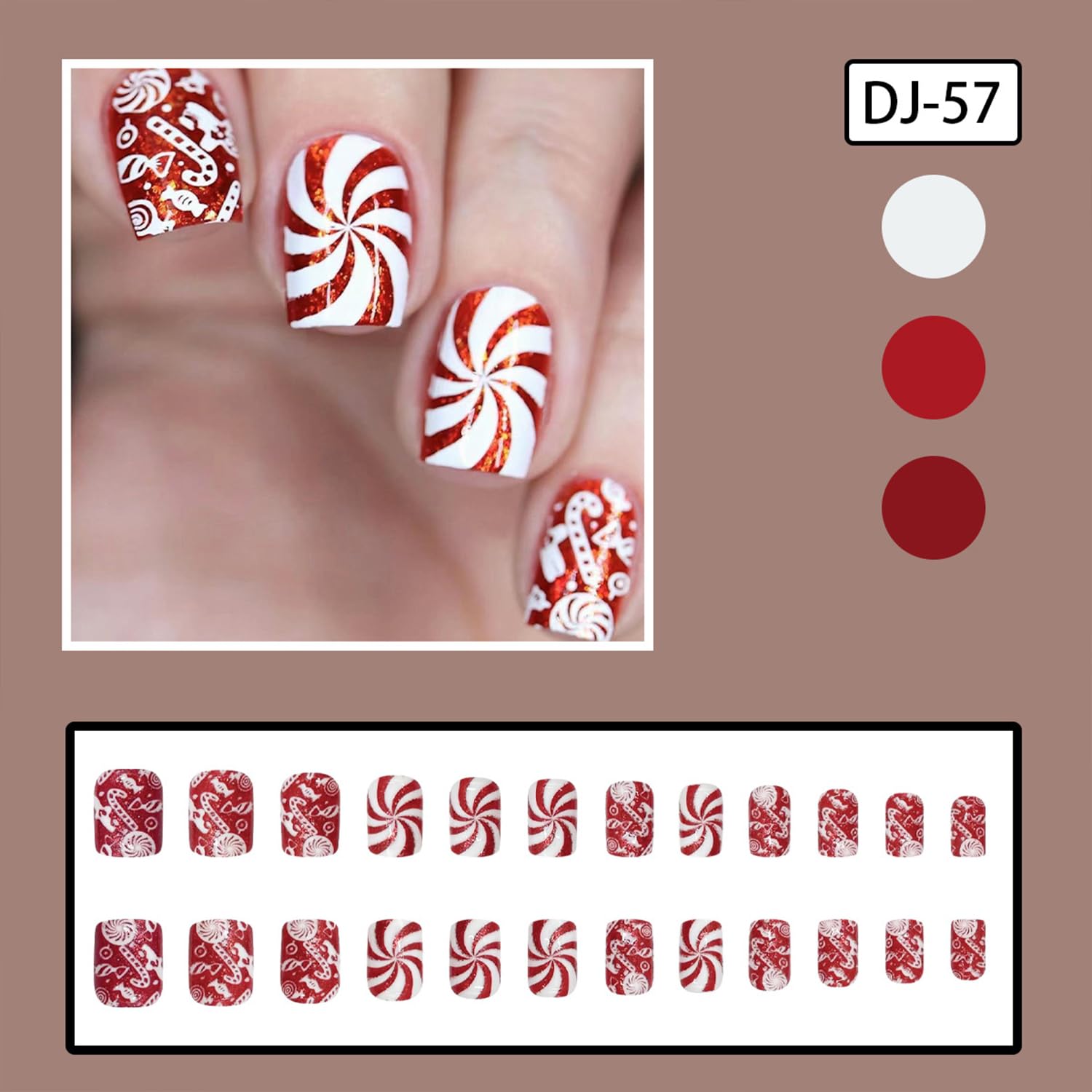 Tyuimhx Christmas Press on Nails Short Square Fake Nails with Candy Designs Xmas Red Glitter False Nails Full Cover Stick on Nails Acrylic Winter Artificial Nails for Women Glue on Nails 24 Pcs - Image 2