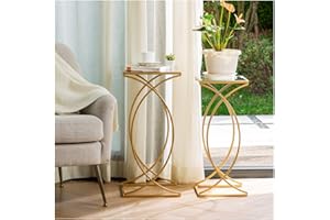 Glitzhome Nesting Side Tables, Set of 2 End Tables with Metal Frame & Tempered Glass Top, Coffee Tables Decorative Accent Tables for Bedroom, Living Room, Home Office - Golden