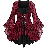 ROSE GAL Women Plus Size Flare Sleeves Ruffles Flower Lace Up 2 in 1 Top