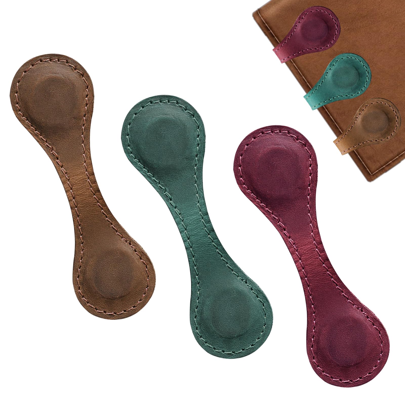 LINXINS Magnetic Leather Bookmark, 3 Pcs Personalised Bookmark, Retro Bookmarks for Reading Lovers School Home Office Supplies (Brown, Burgundy, Green)