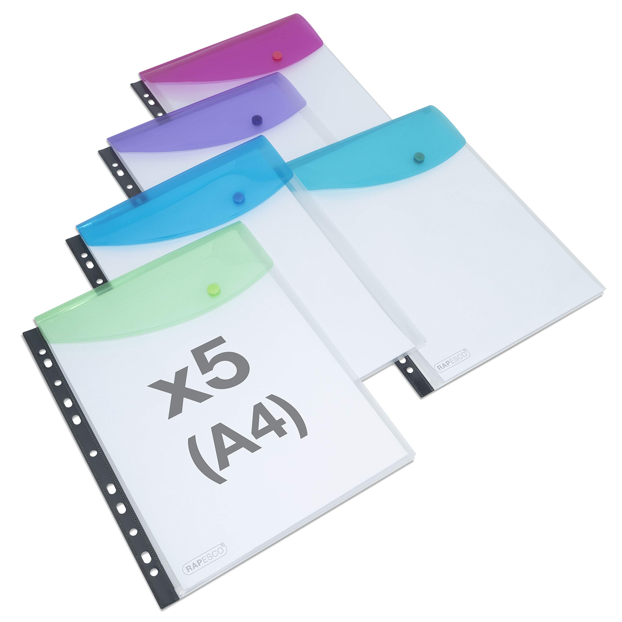 Rapesco 1630 ECO Recycled High-Capacity Punch Pockets, A4, Clear with Assorted Colour Flaps, Pack of 5