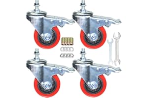 AOCHENLY Heavy Duty Stem Caster Wheels M10-1.5X25mm Dual Locking No Noise PVC Threaded Stem Caster Wheels Pack of 4 for Workbench, Dolly, Furniture (3 Inch, Red)