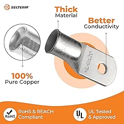 SELTERM 2pcs 2/0 AWG 1/4" Stud Tinned Copper Wire