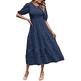 MEROKEETY Women's 2025 Summer Puff Sleeve Smocked Floral Dress Crewneck Lace Flowy Tiered Midi Dresses