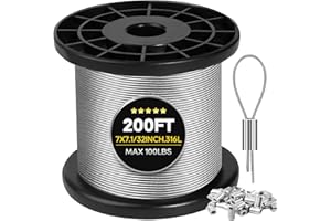 LYNVIRE 316 Stainless Steel Cable, 200FT 1/32IN Wire Rope 7 * 7 Strand with 50Pcs Aluminum Sleeves Stops, Guide Wire for Outdoor String Lights for String Lights Hanging, Clotheslines, Trellis (200FT)