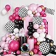 FunHot Pink Race Car Balloon Arch Garland Kit, Hot Pink Black Balloons Arch with Black and White Plaid Foil Balloons for Kids Girls Racing Car Theme Birthday Baby Shower Party Decorations