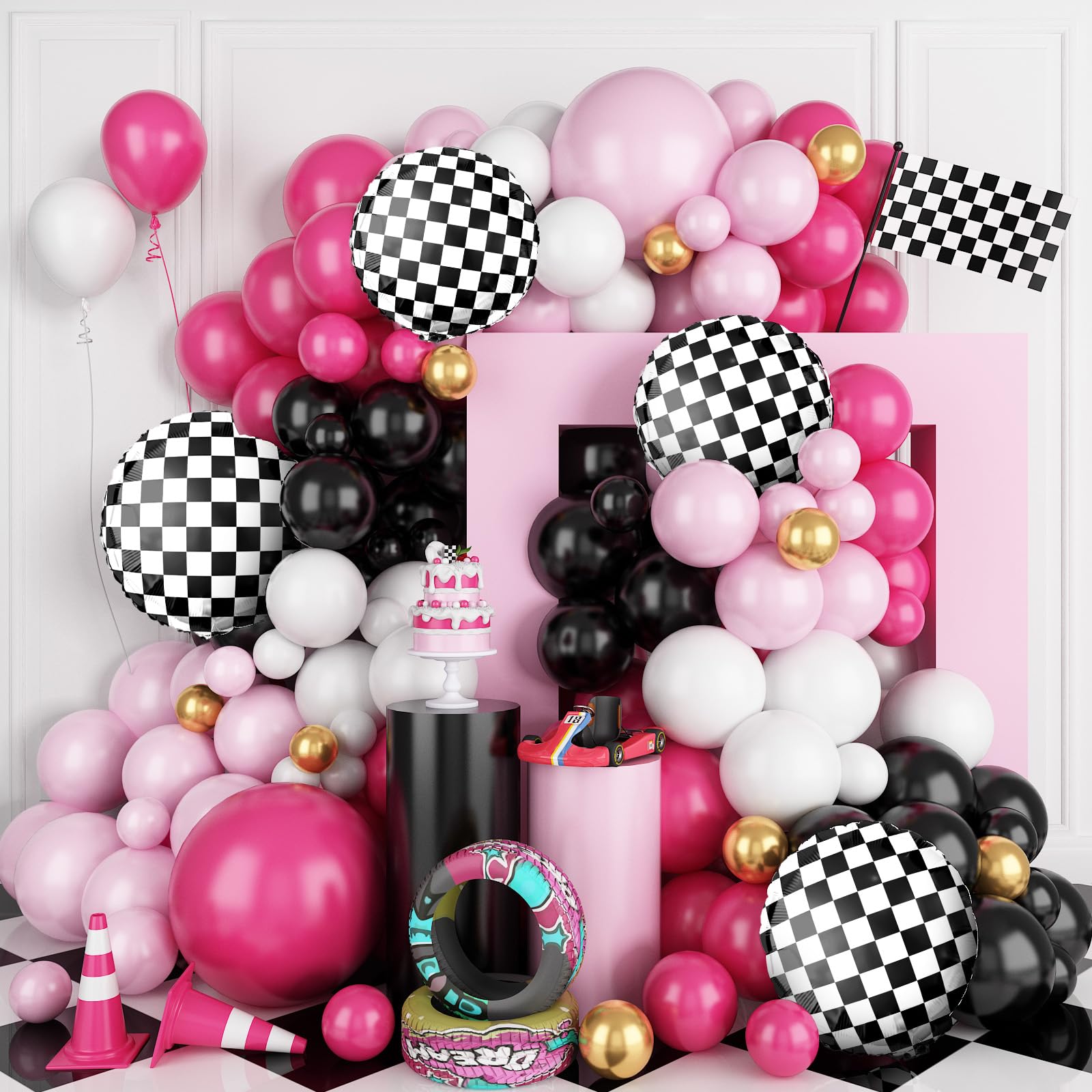 Photo 1 of FunHot Pink Race Car Balloon Arch Garland Kit, Hot Pink Black Balloons Arch with Black and White Plaid Foil Balloons for Racing Car Theme Birthday Party Decorations