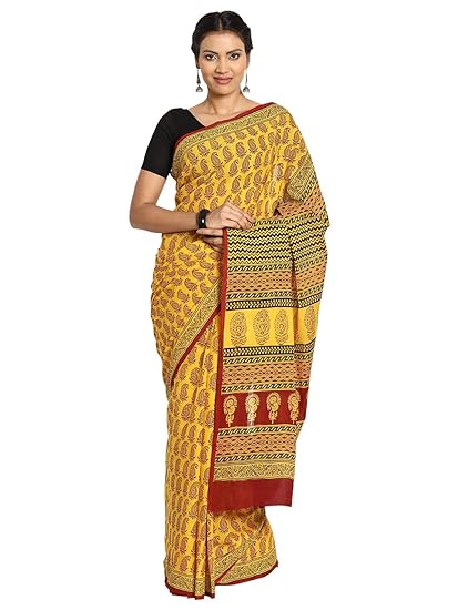 Finest Quality Finest Quality Cotton - Handmade Yellow and Maroon Booti - Bagh Block Print Saree with Blouse Piece