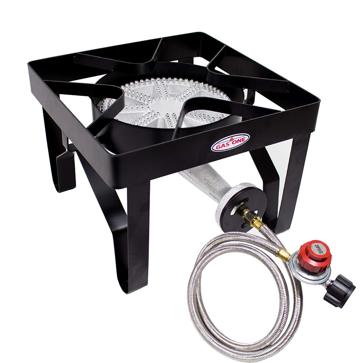 GasOne 200, 000 BTU Square Heavy- Duty Single Burner Outdoor Stove Propane Gas Cooker with Adjustable 0-20Psi Regulator &amp; Steel Braided Hose Perfect for Home Brewing, Turkey Fry, Maple Syrup Prep