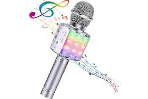 BlueFire 4 in 1 Karaoke Wireless Microphone with LED Lights, Portable Microphone for Kids, Great Gifts Toys for Kids, Girls, Boys and Adults (Silver)