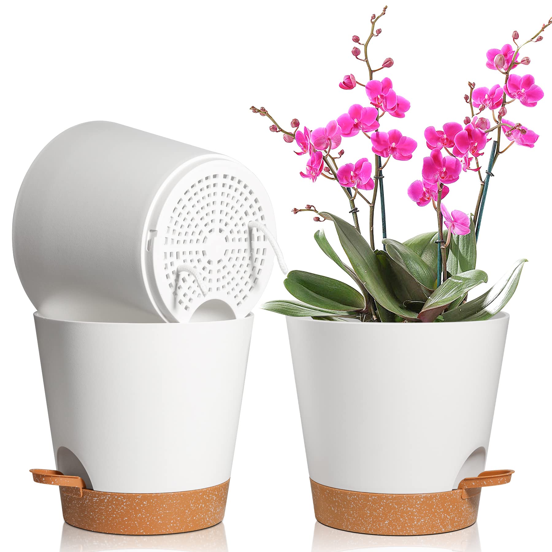 T4U 20CM Plastic Plant Pots 3-Pack, White Self Watering Plant Pots with Saucer, Indoor Decorative Modern Bonsai Planter for Flower, Snake Plant, African Violet, Aloe, Orchid, Rose, Penoy