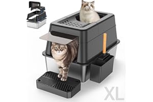 Aphyxen Stainless Steel Litter Box with Lid, XL Extra Large Enclosed Cat Litter Box Fits All Cats Modular Design with Flip Cover, Top Entry Metal High Sided Cat Box & Pedal & Scoop (Black)