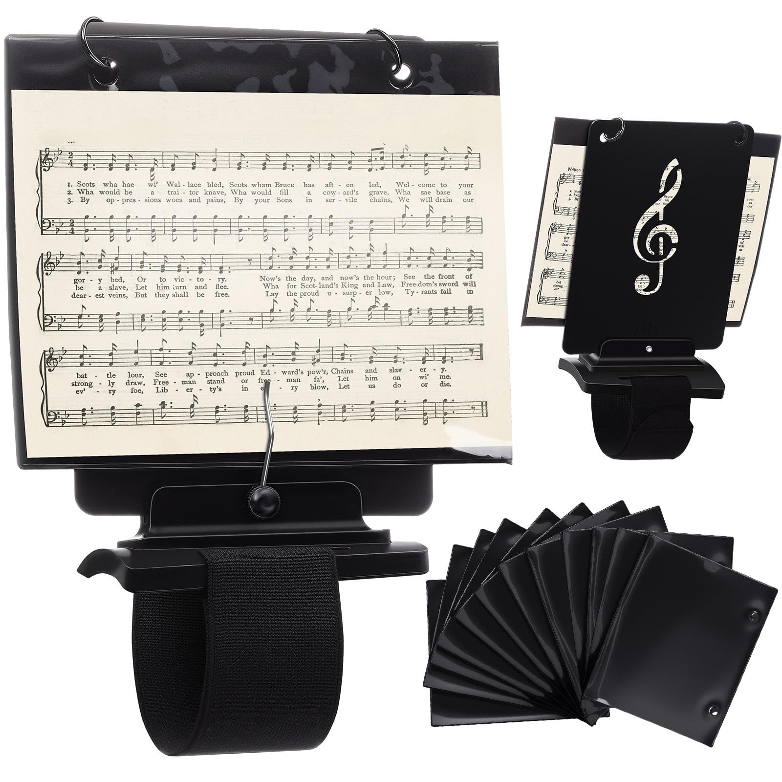 Photo 1 of Canlierr Flute Lyre Flip Folder for Marching Band, 12 Pcs Waterproof 7.5 x 6.5 inches Double Sided Flip Folio Folder Pages with 2 Holes Adjustable Sheet Music Stand Holder for Clarinet Trumpet (Black)