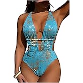 Milumia Women's Metallic Tie Dye One Piece Swimsuits Halter Deep V Neck Tie Back Bathing Suits