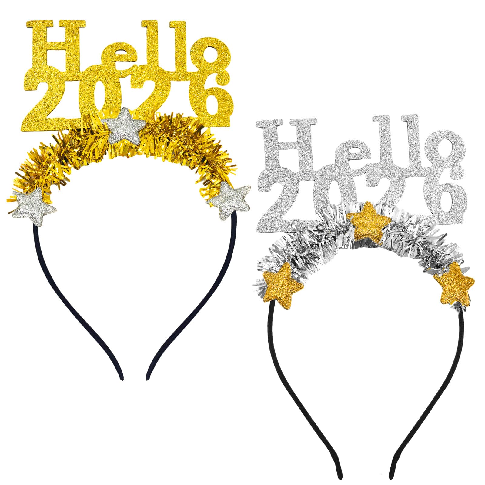 MICJLLT 2 Pcs New Years Eve Party Accessories Headband 2026 Hello for Adults,Eve Night Hairband with Glitter Sparklers Fireworks Photobooth Props,New Year Hairband - Party Hair Supplies