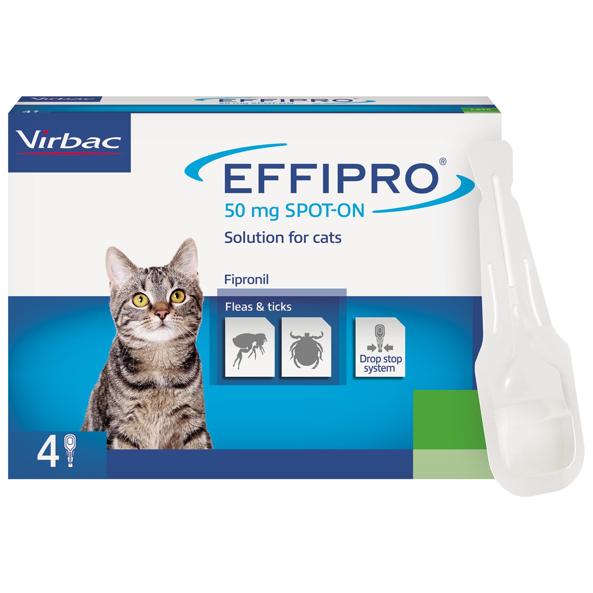 Effipro Flea & Tick Spot-On for Cats | Fast-Acting | 4 Pipettes | Vet-Strength Formula | Easy to Apply | For Cats 1kg+