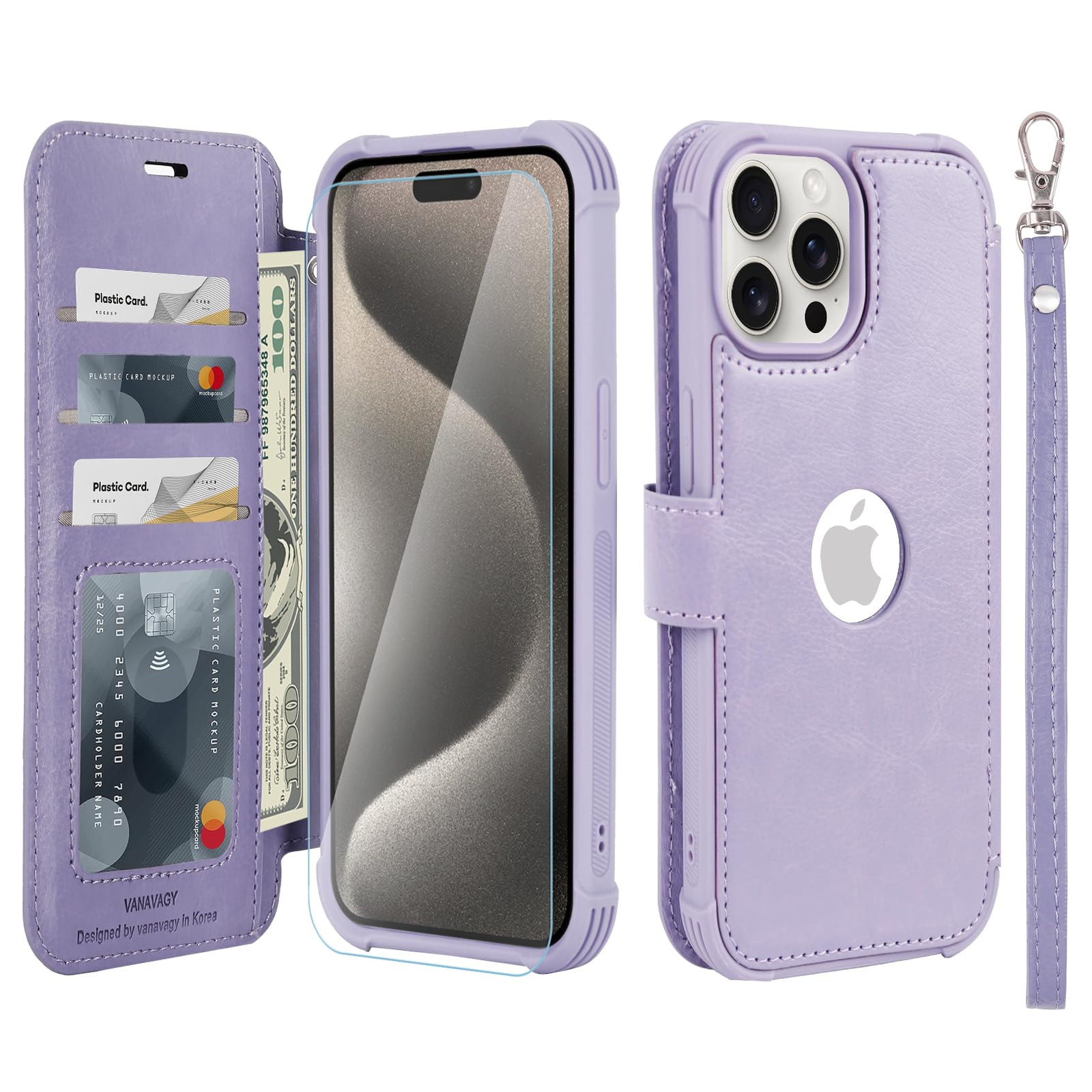 VANAVAGY Compatible for iPhone 15 Pro Wallet Case, 12ft Drop Protection, RFID Blocking PU Leather Flip Cover, Card Holder & Kickstand, Shockproof Phone Case for 15 Pro-6.1 Inch,Clove Purple — image 1
