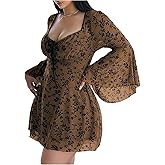 Floerns Women's Plus Size Floral Gothic Dress Flare Long Sleeve Mesh Grunge A Line Dress