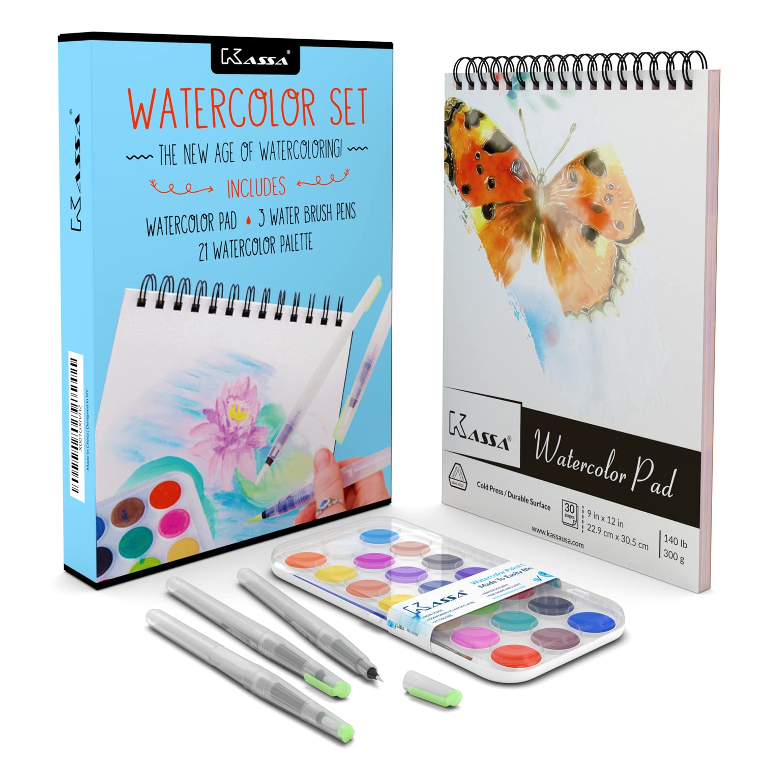 Kassa Watercolour Set - Includes Water Brush Pens (3 Assorted Sizes), Painting Pad (30 Sheets) & Paint Pan (21 Watercolors) - Watercolouring Art Supplies Kit for Beginners & Artists