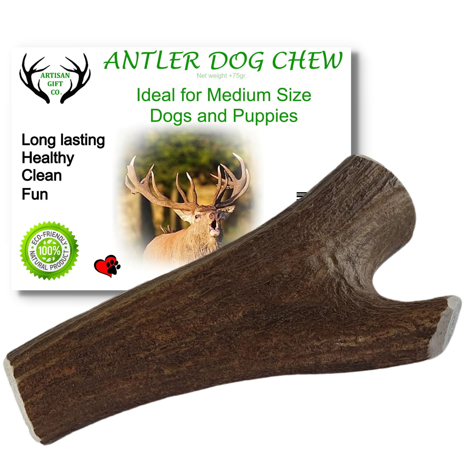 ARTISAN GIFT CO Naturally Shed 100% Natural Premium Deer Antler Chew for Dogs - minimum weight 75g (M - 1 Unit)