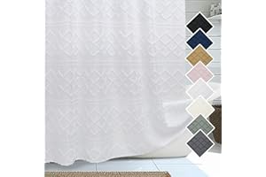 Lecloud White Fabric Shower Curtain 72x72 Inches, Boho Tufted Plaid Striped Shower Curtain Set for Bathroom, Chic Textured Cloth Shower Curtain