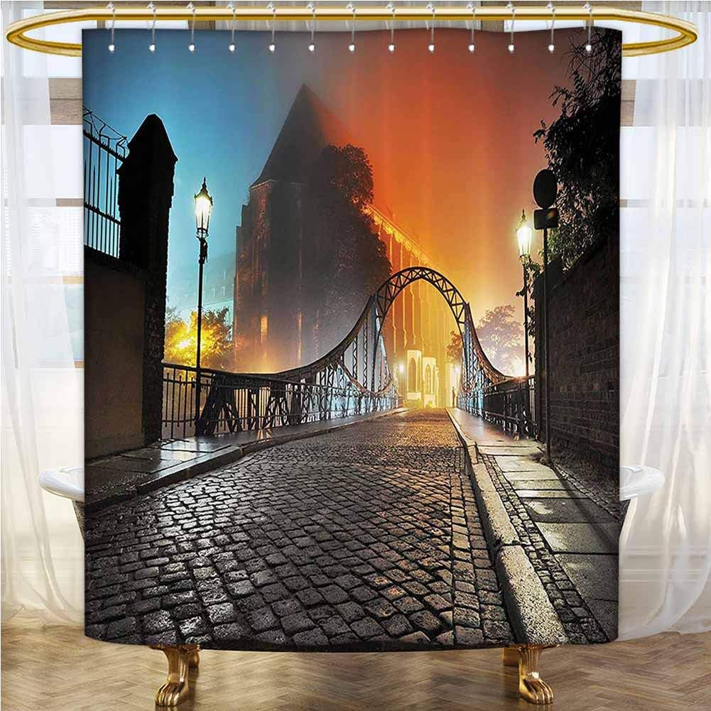 Apartment Decor Waterproof Bathtub Curtain Modern City Bridge at Night with Mystical Lights Illumination Sightseeing Urban Photo Shower Curtain with Hooks Grey Orange 72x72 INCH