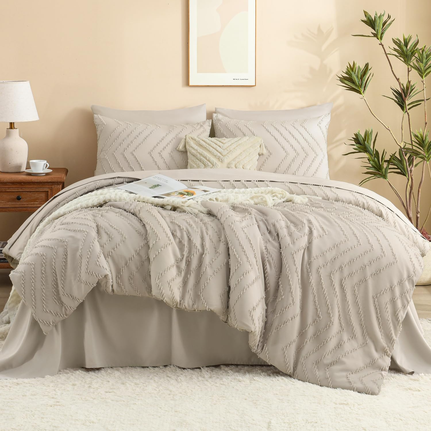 Photo 1 of Litanika California King Size Comforter Set with Sheets Beige - 7 Pieces Bed in a Bag Cal King Chevron Tufted Complete Bedding Sets with Comforter, Sheets, Pillowcases & Shams