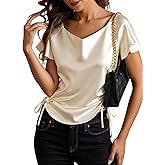 winkbay Women's Elegant Satin Ruffle Sleeve Blouse Drawstring Ruched V Neck Dressy Casual Tops