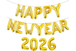 LHOAVWE Gold HAPPY NEW YEAR 2026 Balloons, 16 Inch 2026 Happy New Year Balloons Eve Party Supplies, New Years Decorations, NYE New Years 2026 Balloons
