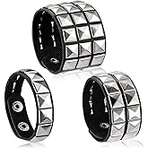Hicarer 3 Pieces Spiked Studded Bracelet Black Leather Rivet Punk Bracelet Cuff Wrap Bangle Snap Button Metal Wristband for Men Women