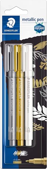 Staedtler 8323-S BK3 Design Journey Metallic Pens Gold Silver White Pack of 3