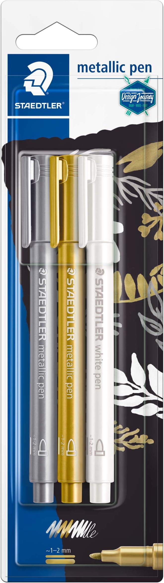 Staedtler 8323-S BK3 Design Journey Metallic Pens Gold Silver White Pack of 3