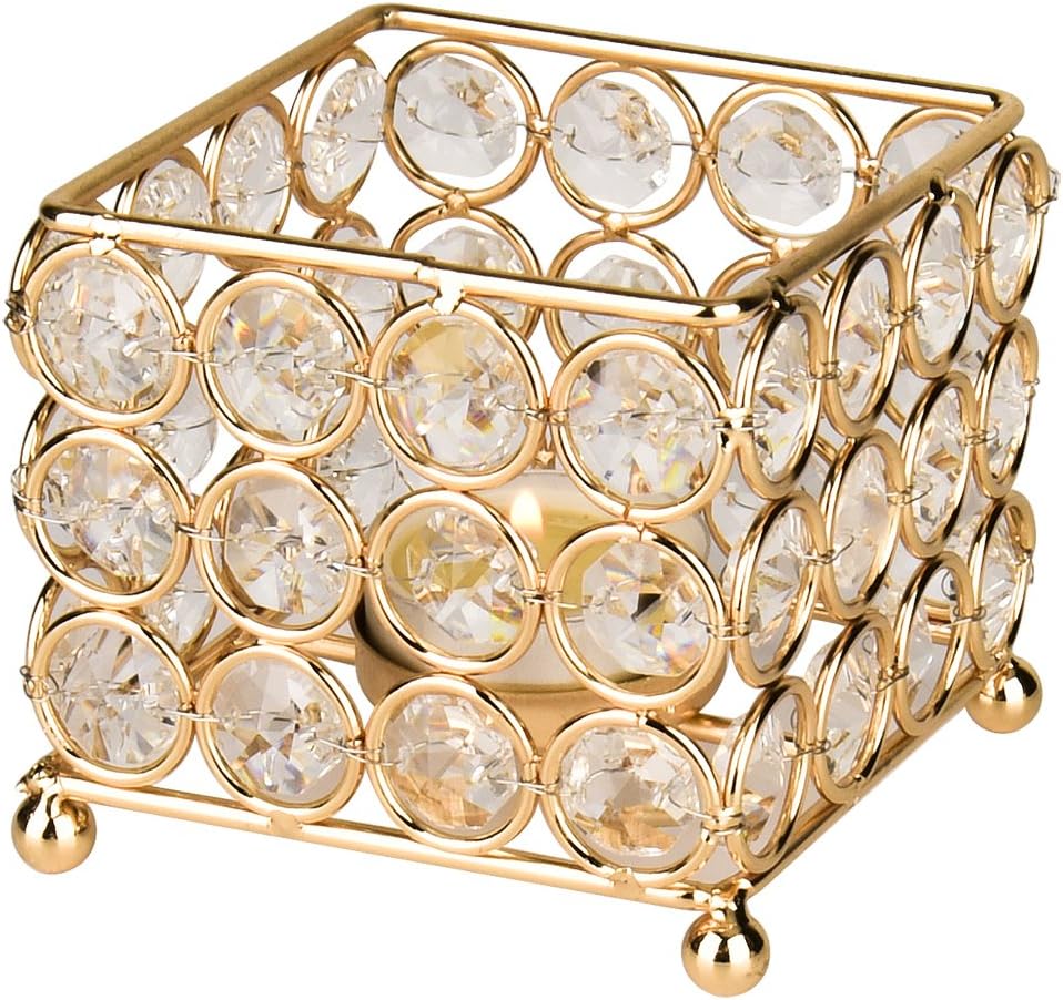 Autai Gold Crystal Candle Holder for Wedding Centerpieces Candlesticks Birthday Party Dining Table Candlelight Home Decoration (Square-Gold)