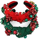 GAFATORY Christmas Knotted Headbands 2 PCS Green Red Jeweled Headbands with Pearls Wide Top Knot Hair Accessories for Women Girls Christmas Holiday Outfits Gifts
