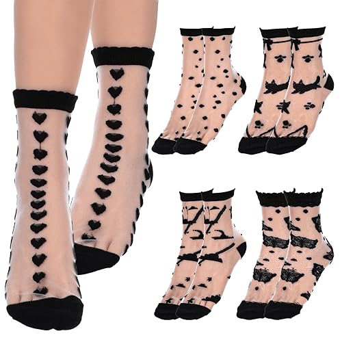 Lusofie 5 Pairs Sheer Socks, Black See Through Sock, Ankle Transparent Thin Socks for Women (Style F)