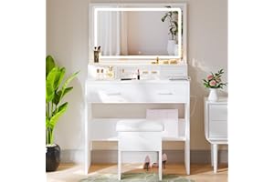 Haewon Vanity Desk with Mirror and Lights, Makeup Vanity Set with 4 Drawers, Power Outlets, and USB Ports, White Vanity with LED Vanity Mirror