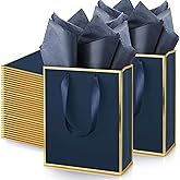 Yeaqee 50 Pack Metallic Gift Bags with Handle and Tissue Paper Gold Foil Thank You Bag for Valentine Wedding 5 Groomsmen Bridal 5 Senses Gifts Holiday Party Favors 9x7x3.15''(Navy Blue, Gold)