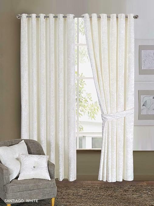 90x90 White Pair Heavy Crushed Velvet Curtains Fully Lined Eyelet Ring