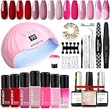 Modelones Gel Nail Polish Kit with 48W Nail Lamp - 7 Red Nude Colors Gel Nail Polish Set, No Wipe Base Top Coat, Nail Primer,