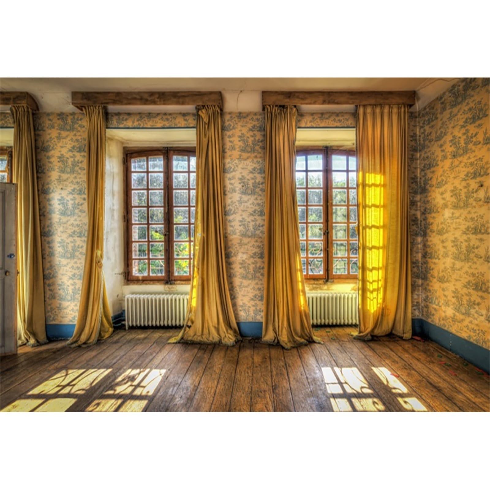 YongFoto 10x8ft Vinyl Photo Backdrop Photography Empty Room Interior Wallpaper Window Curtains Wood Floor for Party Photo Shoot Kids Adults Studio Background Props