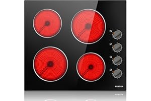 Noxton 24 Inch Electric Cooktop 4 Burners Electric Stove Top, Built-in 24" Radiant Electric Ceramic Cooktop with Knob Control, Hot Surface Indicator, 220-240v,6000W, No Plug, Hard Wire