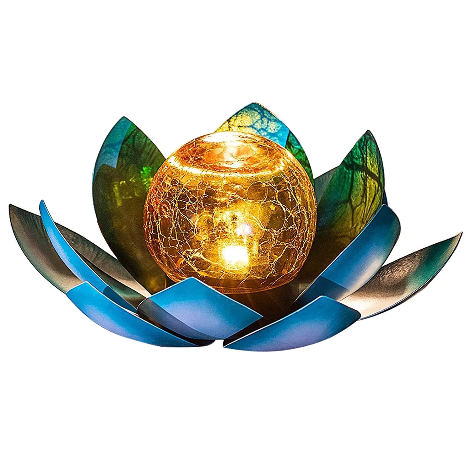 SUAVER LED Solar Lotus Light Cracked Glass Ball Flower Lamp Outdoor Garden Decor, Solar Metal Lantern Water Lily LED Landscape Lights, Outdoor Table Lamp (Blue)