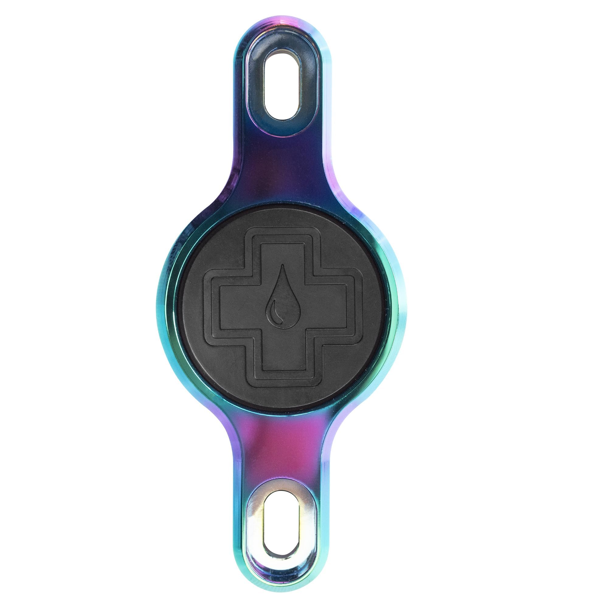 Muc Off Secure AirTag Holder - Machined Aluminium Mount Compatiable with Apple AirTag - Fits Standard Bottle Cage - Anti-Theft Security Bolts - Reduces Tracker Rattle - Iridescent