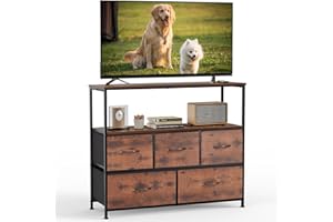 DUMOS TV Stand Dresser with 5 Fabric Storage Drawers, Media Console Featuring Open Shelf for 45 inch TV, Compact Entertainment Unit for Bedroom, Living Space, or Dorm Organization, Rust